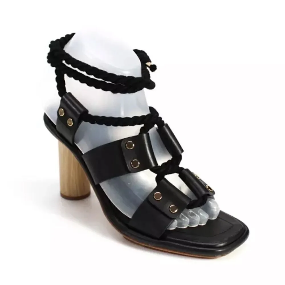 Revolve Ulla Johnson Elvie Rope Calfskin Leather Noir Black SZ 35 Strappy Heels